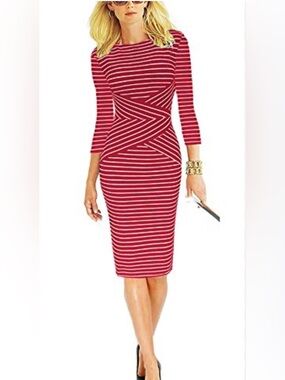Red & White Striped Midi Dress with Geometric Waist Detail
